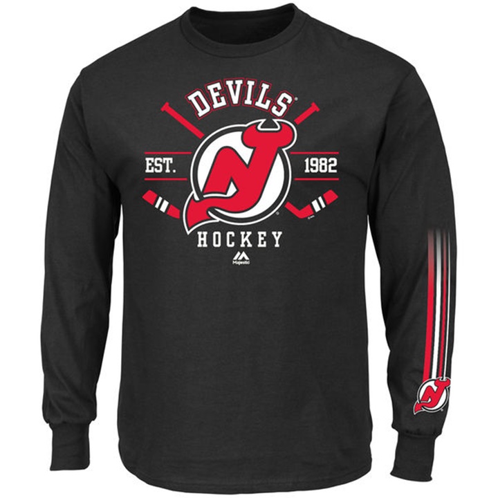 Men New Jersey Devils Black EST.1982 Cross Check Fashion Long Sleeve T-shirt