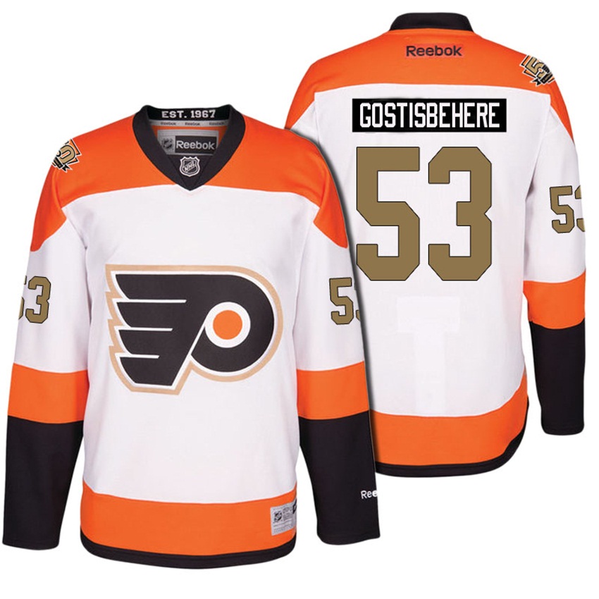 Men Flyers Shayne Gostisbehere #53 White 50th Anniversary Patch Jersey