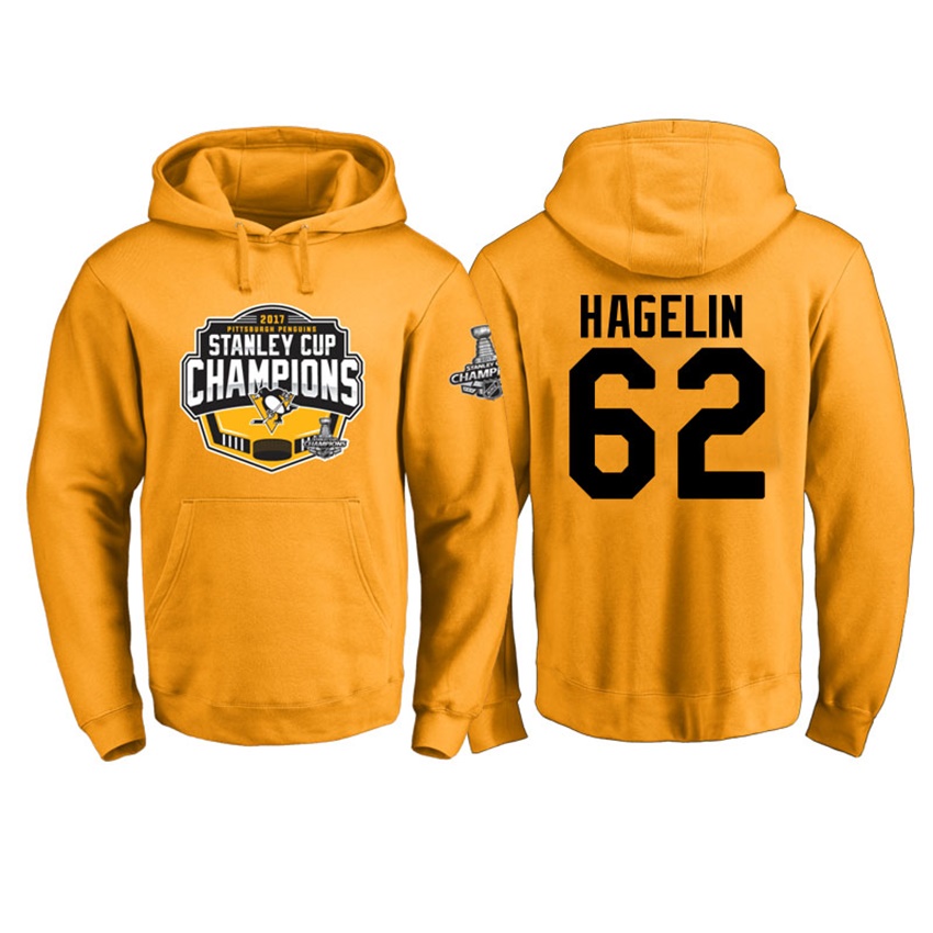 NHL Men Pittsburgh Penguins Carl Hagelin #62 Gold 2017 Stanley Cup Champs Pullover Hoodie