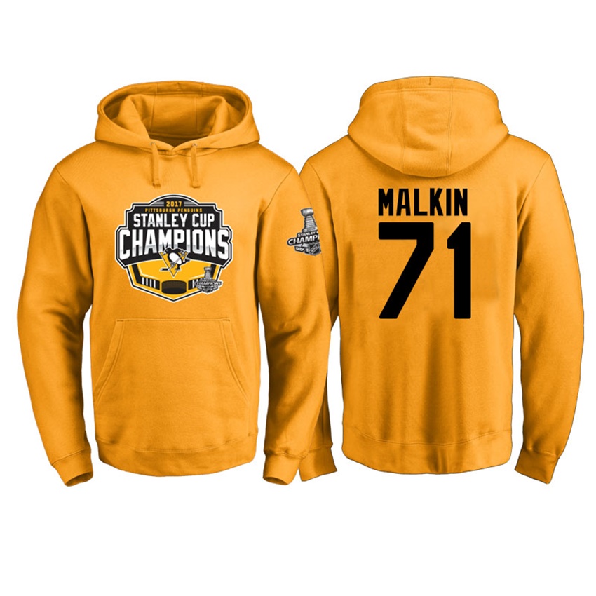 NHL Men Pittsburgh Penguins Evgeni Malkin #71 Gold 2017 Stanley Cup Champs Pullover Hoodie