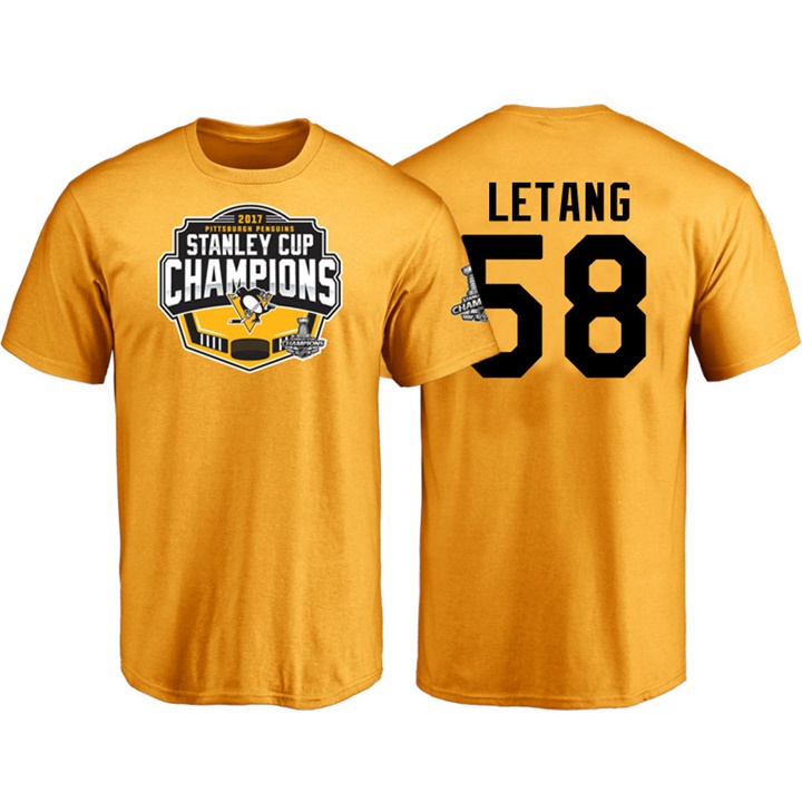 Men Pittsburgh Penguins Kris Letang #58 Gold 2017 Stanley Cup Champions T-shirt