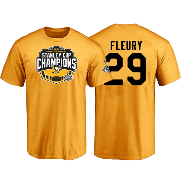 Men Pittsburgh Penguins Marc-Andre Fleury #29 Gold 2017 Stanley Cup Champions T-shirt