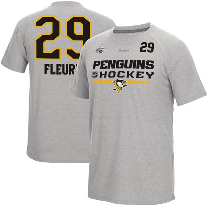 Men Pittsburgh Penguins Marc-Andre Fleury #29 Gray Eastern Conference Champions Name And Number T-shirt