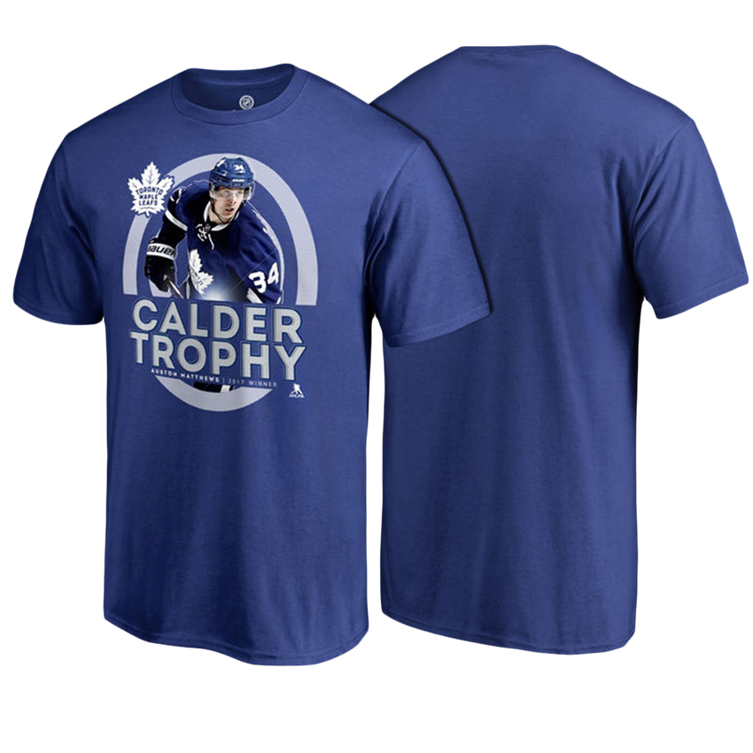 Men Maple Leafs Auston Matthews #34 Royal 2017 NHL Calder Trophy Winner T-Shirt