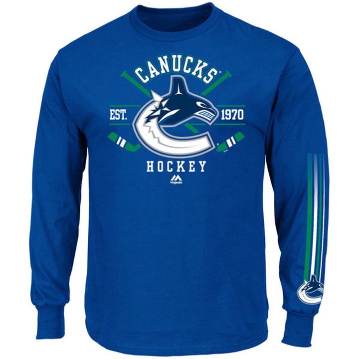 Men Vancouver Canucks Royal Blue EST.1970 Cross Check Fashion Long Sleeve T-shirt