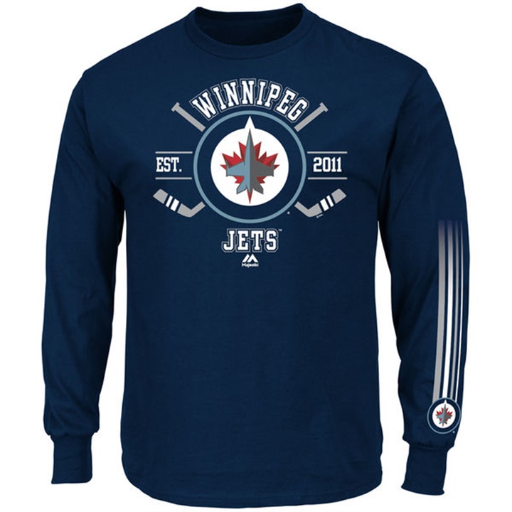 Men Winnipeg Jets Navy Blue EST.2011 Cross Check Fashion Long Sleeve T-shirt