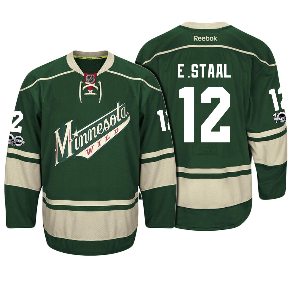 Wild Eric Staal #12 Green 100th Anniversary Patch Player Jersey