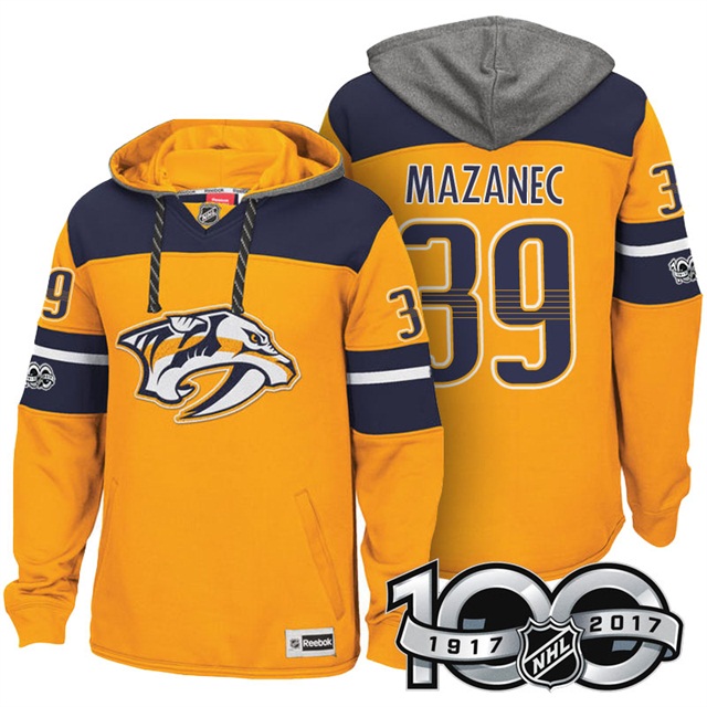 NHL Predators #39 Marek Mazanec Yellow Centennial Patch Hoodie