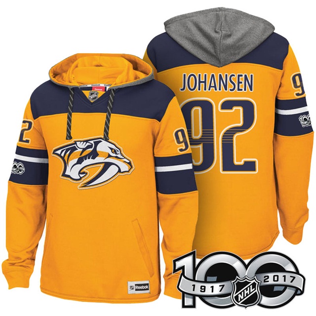 NHL Predators #92 Ryan Johansen Yellow Centennial Patch Hoodie