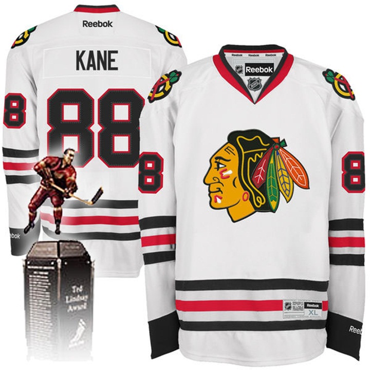 Blackhawks #88 Patrick Kane Reebok White Away Premier Ted Lindsay Award Jersey