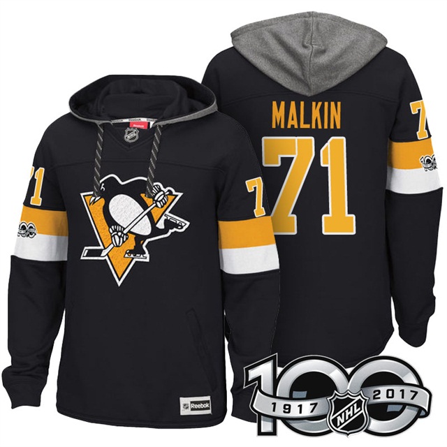 NHL Penguins #71 Evgeni Malkin Black Centennial Patch Hoodie