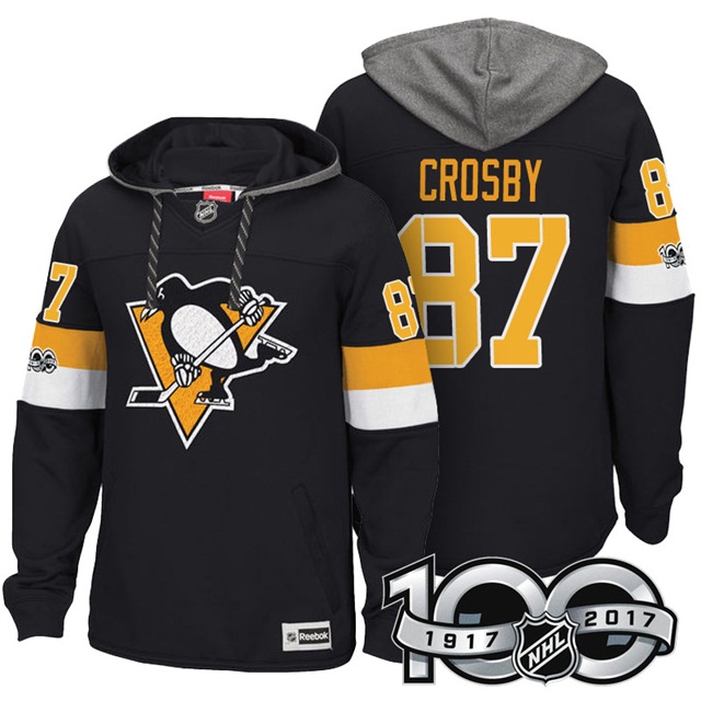 NHL Penguins #87 Sidney Crosby Black Centennial Patch Hoodie