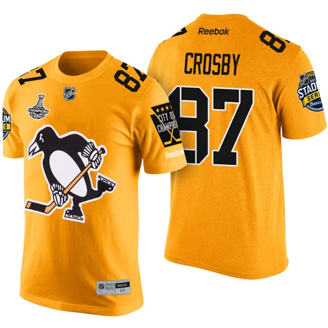 Pittsburgh Penguins #87 Sidney Crosby Gold 2017 Stanley Cup Champions Name And Number Limited T-shirt