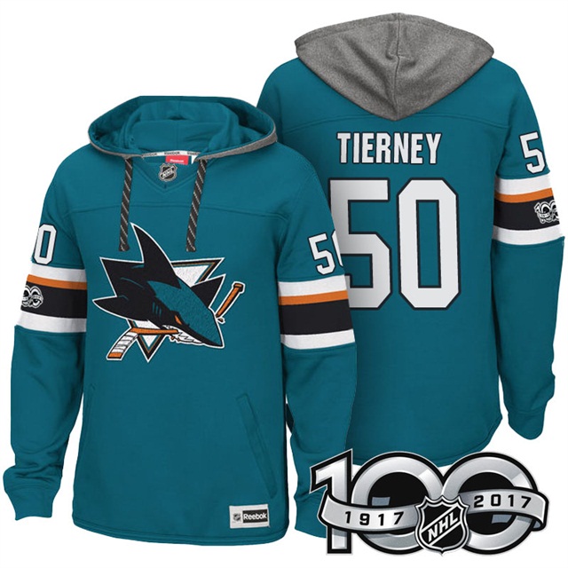 NHL Sharks #50 Chris Tierney Teal Centennial Patch Hoodie