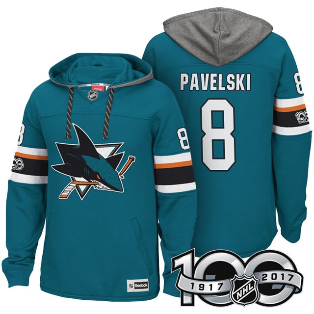 NHL Sharks #8 Joe Pavelski Teal Centennial Patch Hoodie