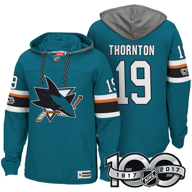 NHL Sharks #19 Joe Thornton Teal Centennial Patch Hoodie