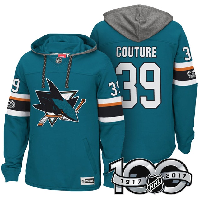 NHL Sharks #39 Logan Couture Teal Centennial Patch Hoodie