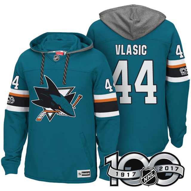 NHL Sharks #44 Marc-Edouard Vlasic Teal Centennial Patch Hoodie