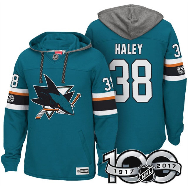 NHL Sharks #38 Micheal Haley Teal Centennial Patch Hoodie