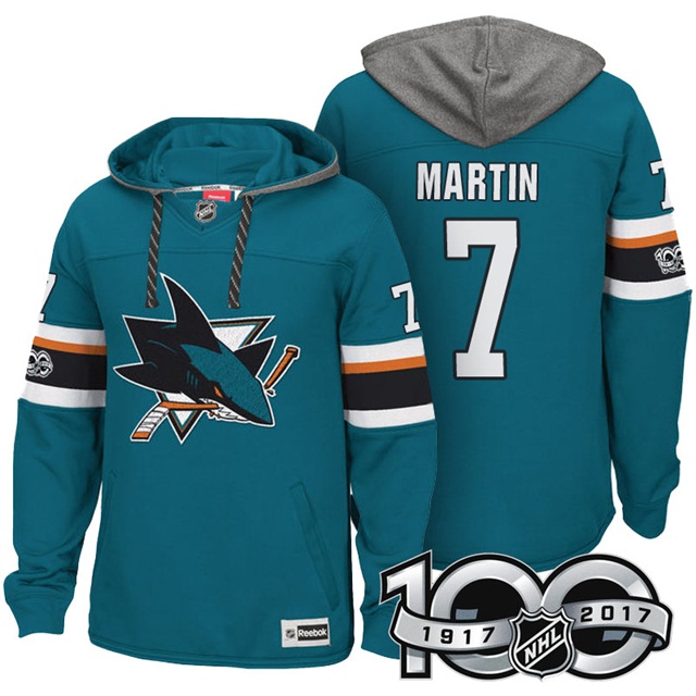 NHL Sharks #7 Paul Martin Teal Centennial Patch Hoodie