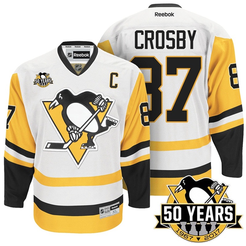 2016-17 NHL Sidney Crosby #87 Penguins 50th Anniversary White Gold Away Premier Jersey