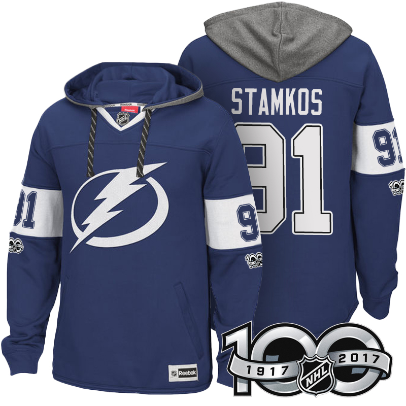 NHL Lightning #91 Steven Stamkos Blue Centennial Classic Patch Hoodie