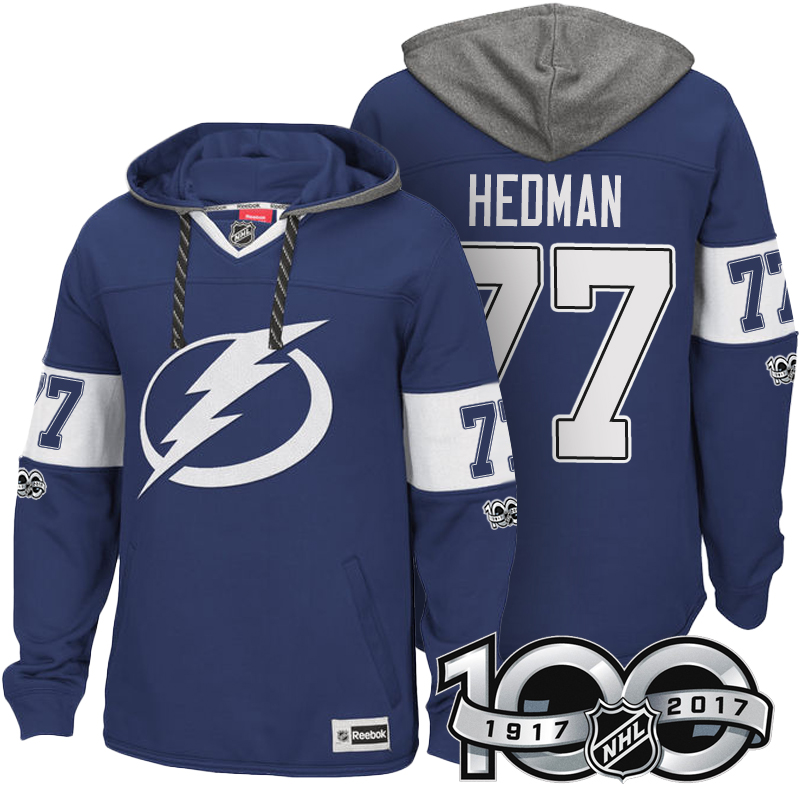 NHL Lightning #77 Victor Hedman Blue Centennial Classic Patch Hoodie