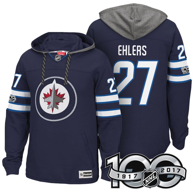 NHL Jets #27 Nikolaj Ehlers Navy Centennial Patch Hoodie