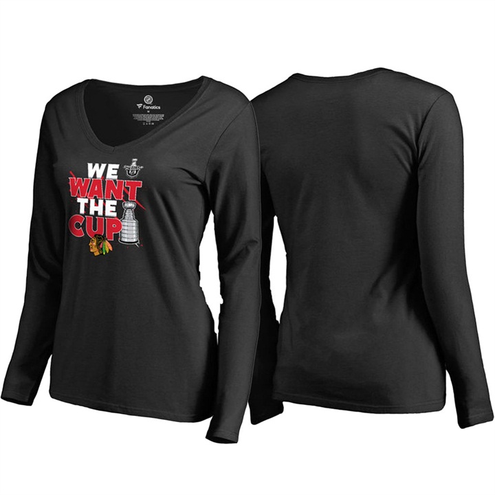 Women Chicago Blackhawks Black Long Sleeve 2017 Stanley Cup T-shirt