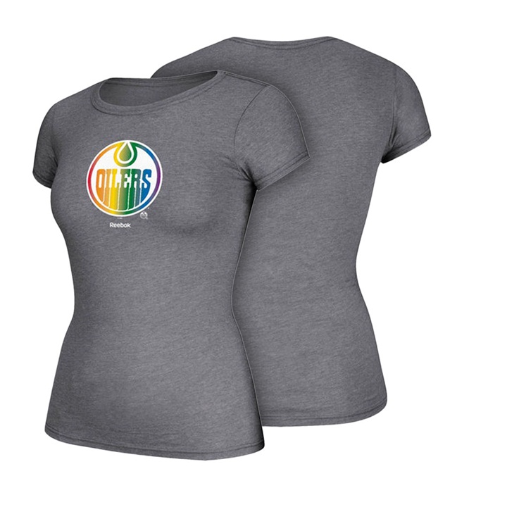 Women Edmonton Oilers Gray Hockey Is For Everyone Rainbow Team Pride T-shirt