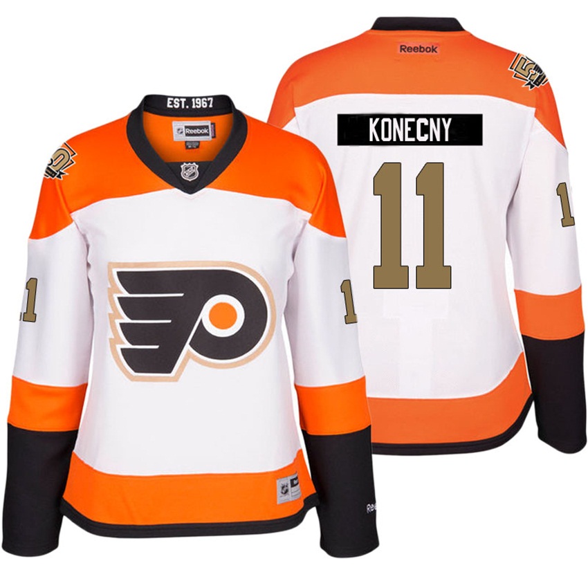 Women Flyers Travis Konecny #11 White 50th Anniversary Patch Jersey