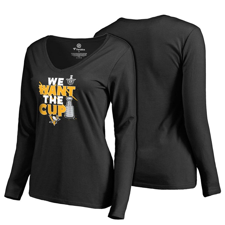 Women Pittsburgh Penguins Black Long Sleeve 2017 Stanley Cup T-shirt