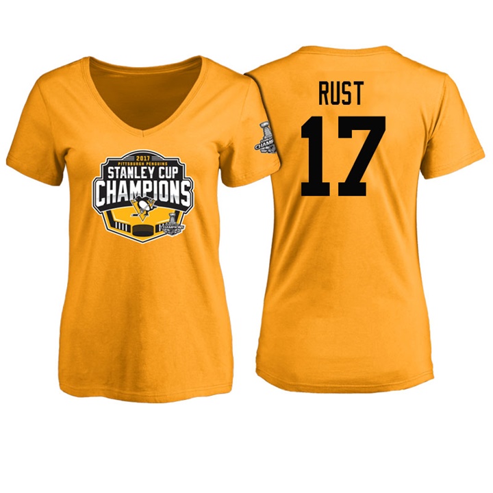 Women Pittsburgh Penguins Bryan Rust #17 Gold 2017 Stanley Cup Champions V-neck T-shirt