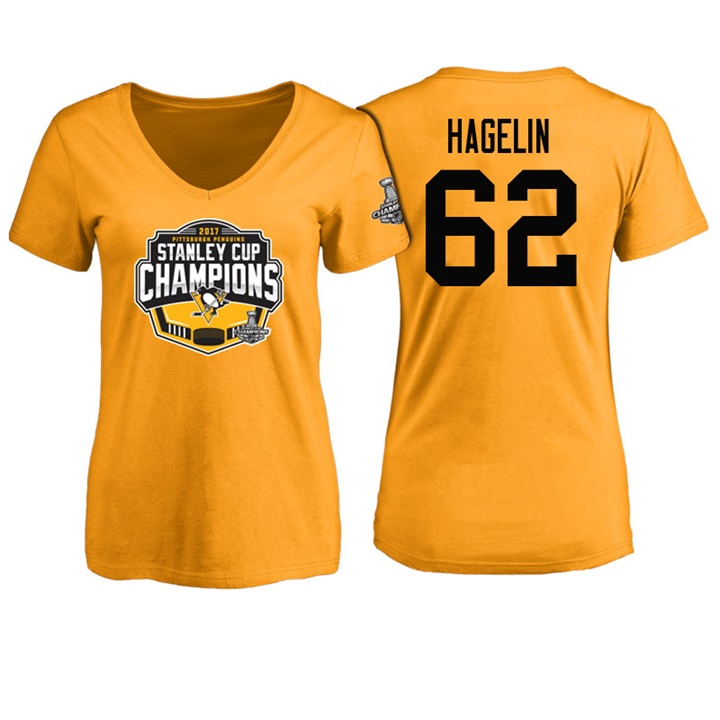 Women Pittsburgh Penguins Carl Hagelin #62 Gold 2017 Stanley Cup Champions V-neck T-shirt