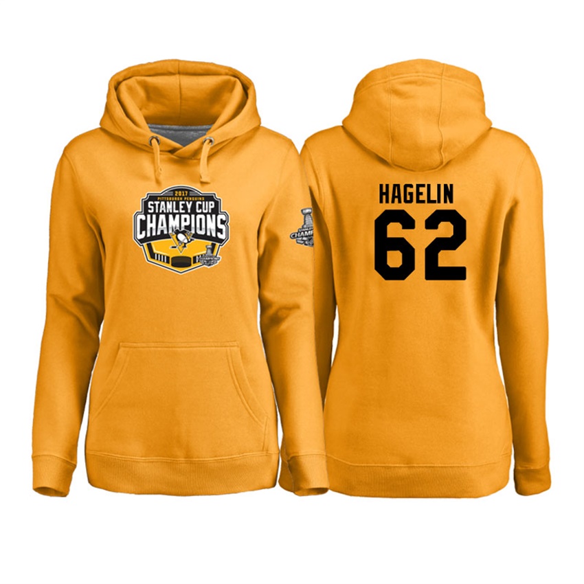 NHL Women Pittsburgh Penguins Carl Hagelin #62 Gold 2017 Stanley Cup Champs Pullover Hoodie