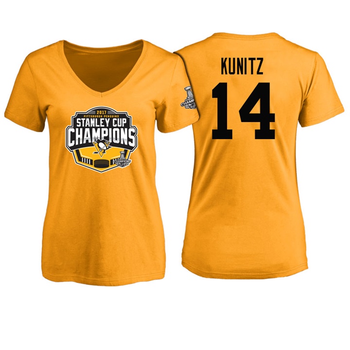 Women Pittsburgh Penguins Chris Kunitz #14 Gold 2017 Stanley Cup Champions V-neck T-shirt