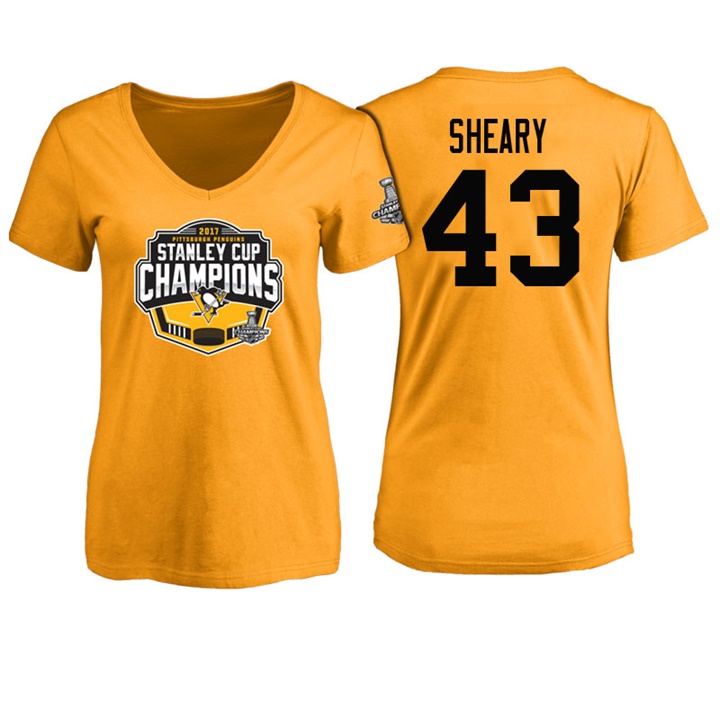 Women Pittsburgh Penguins Conor Sheary #43 Gold 2017 Stanley Cup Champions V-neck T-shirt