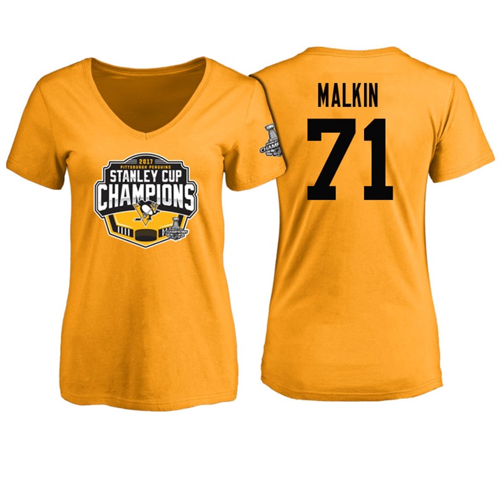 Women Pittsburgh Penguins Evgeni Malkin #71 Gold 2017 Stanley Cup Champions V-neck T-shirt