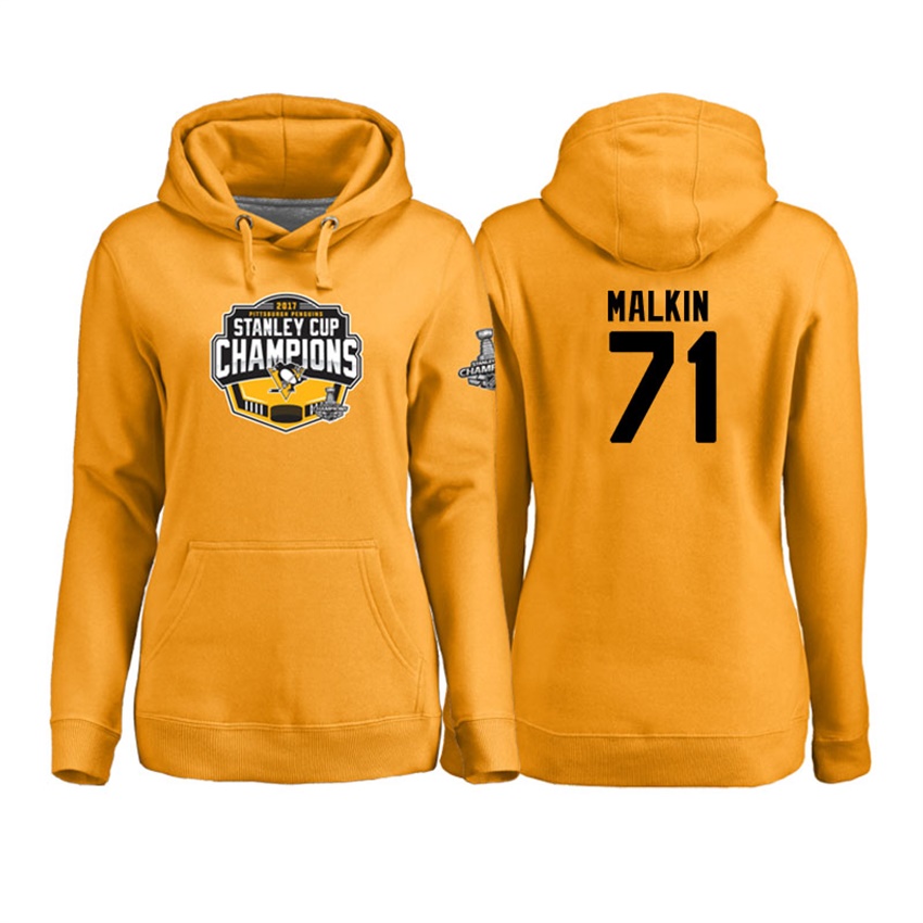 NHL Women Pittsburgh Penguins Evgeni Malkin #71 Gold 2017 Stanley Cup Champs Pullover Hoodie