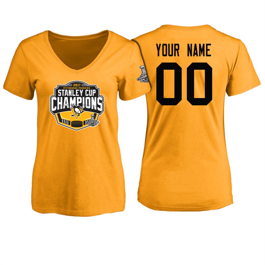 NHL Women Pittsburgh Penguins #00 Gold 2017 Stanley Cup Champions Customized T-shirt