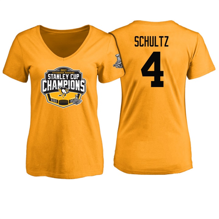 Women Pittsburgh Penguins Justin Schultz #4 Gold 2017 Stanley Cup Champions V-neck T-shirt