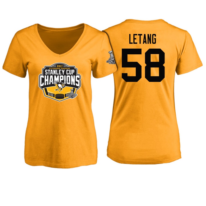 Women Pittsburgh Penguins Kris Letang #58 Gold 2017 Stanley Cup Champions V-neck T-shirt