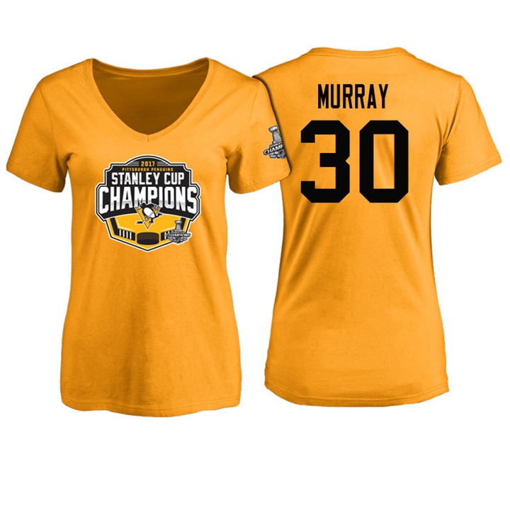 Women Pittsburgh Penguins Matt Murray #30 Gold 2017 Stanley Cup Champions V-neck T-shirt