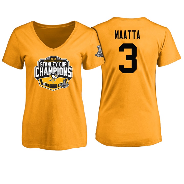 Women Pittsburgh Penguins Olli Maatta #3 Gold 2017 Stanley Cup Champions V-neck T-shirt