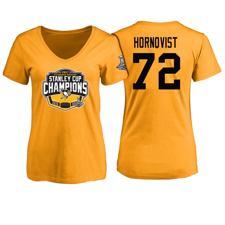 Women Pittsburgh Penguins Patric Hornqvist #72 Gold 2017 Stanley Cup Champions V-neck T-shirt