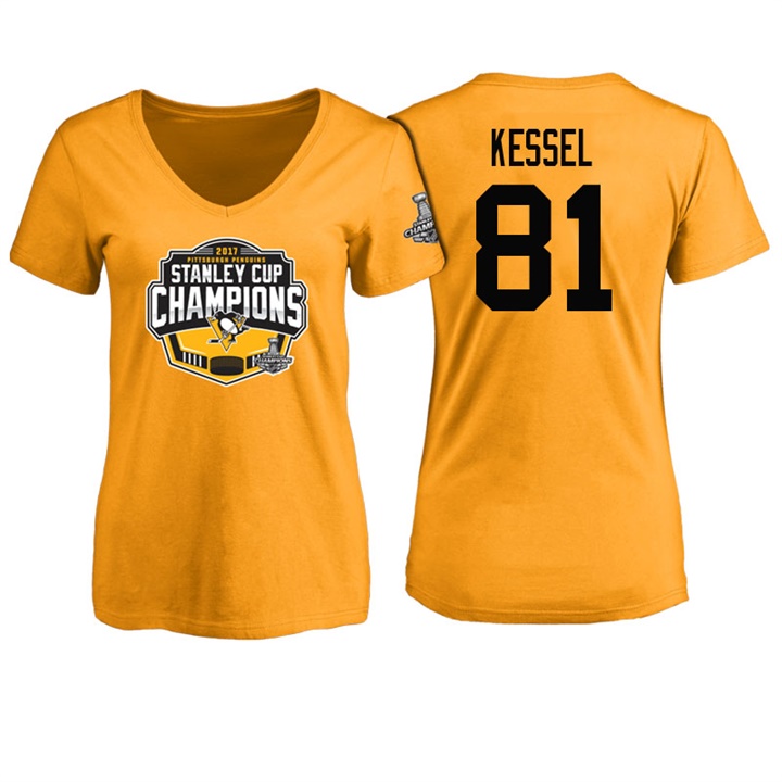 Women Pittsburgh Penguins Phil Kessel #81 Gold 2017 Stanley Cup Champions V-neck T-shirt