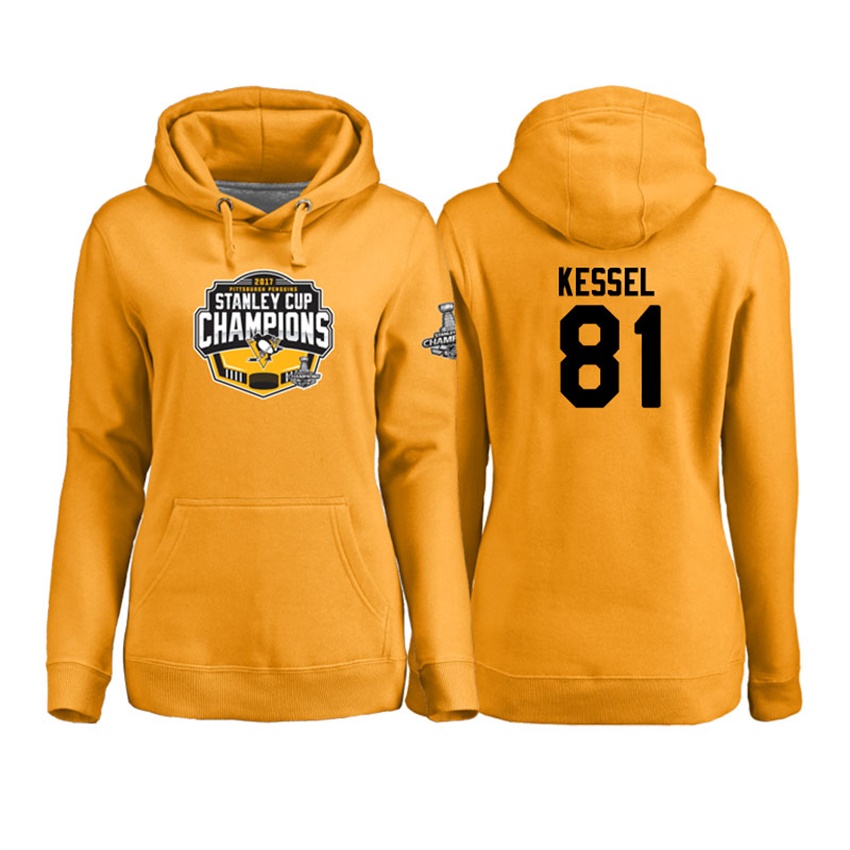 NHL Women Pittsburgh Penguins Phil Kessel #81 Gold 2017 Stanley Cup Champs Pullover Hoodie