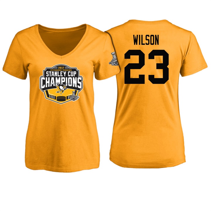 Women Pittsburgh Penguins Scott Wilson #23 Gold 2017 Stanley Cup Champions V-neck T-shirt