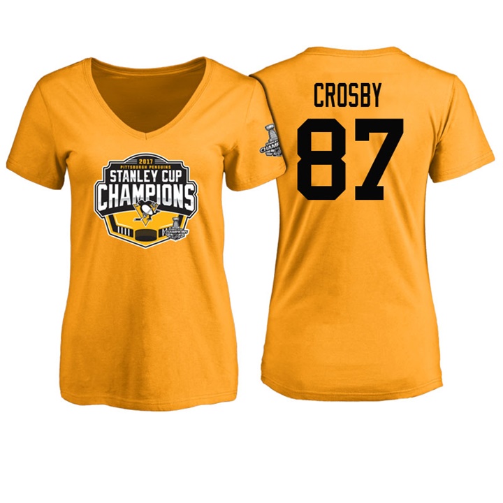 Women Pittsburgh Penguins Sidney Crosby #87 Gold 2017 Stanley Cup Champions V-neck T-shirt