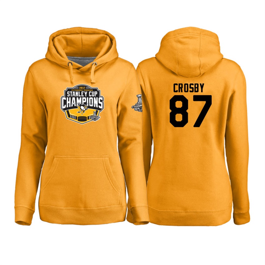 NHL Women Pittsburgh Penguins Sidney Crosby #87 Gold 2017 Stanley Cup Champs Pullover Hoodie